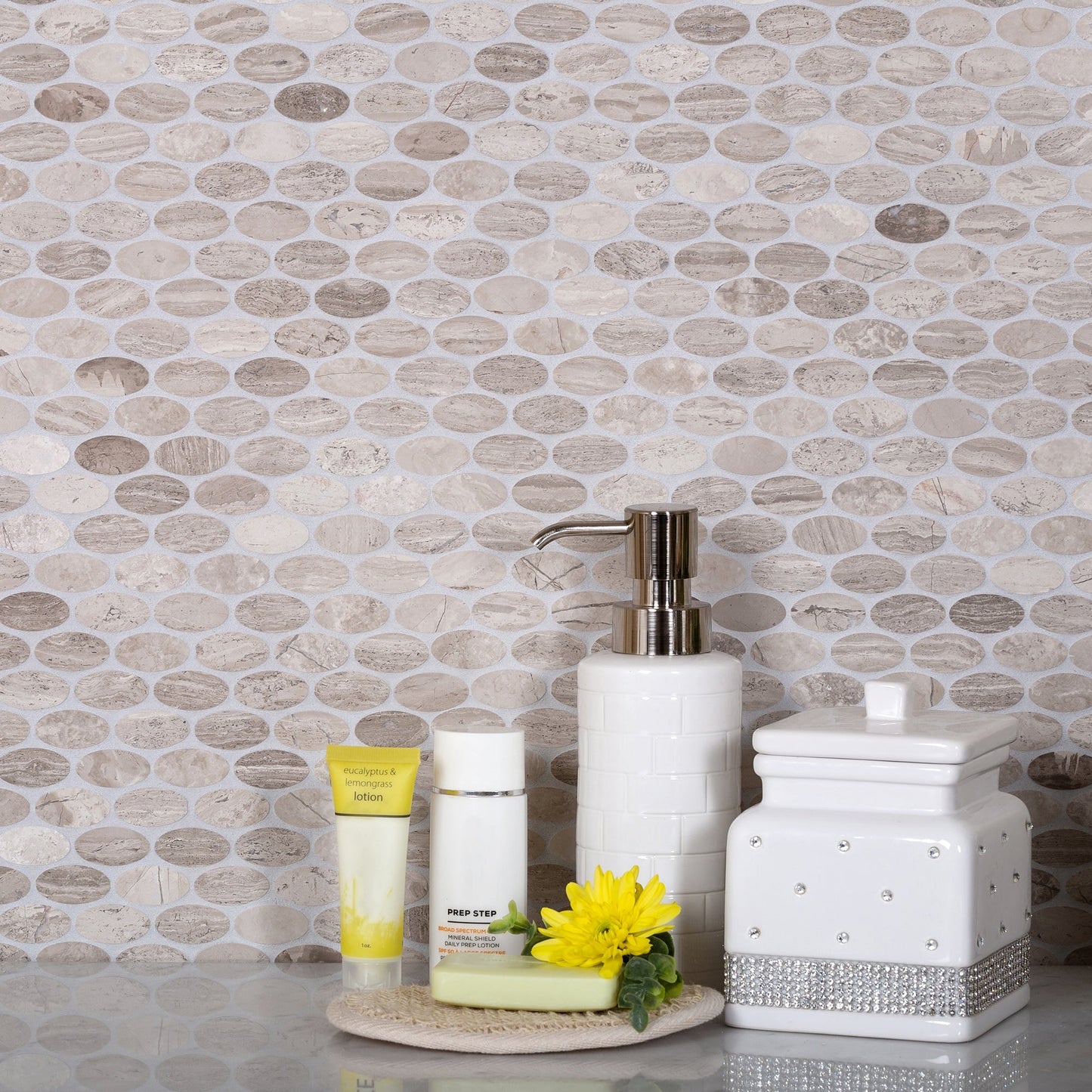 Wooden Beige 11x12 Polished Oval Marble Mosaic Tile (5 pack, 4.51 sq ft/case)