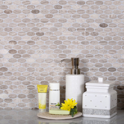 Wooden Beige 11x12 Polished Oval Marble Mosaic Tile (5 pack, 4.51 sq ft/case)