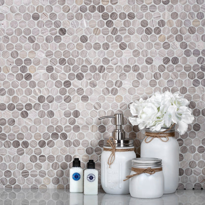 Beige 11x12 Polished Penny Round Wooden Grey Mosaic Tile (5 pack, 4.83 sq ft/case) - Sample