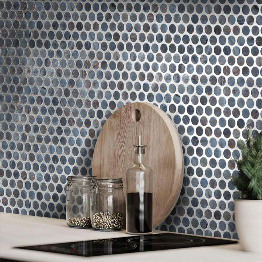 Blue 12x12 Glossy Penny Round Glass Mosaic Tile (10 pack, 10.34 sq ft/case)