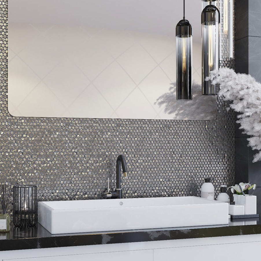 Silver 12x12 Penny Round Glossy Glass Mosaic Tile (10 pack, 10.34 sq ft/case)