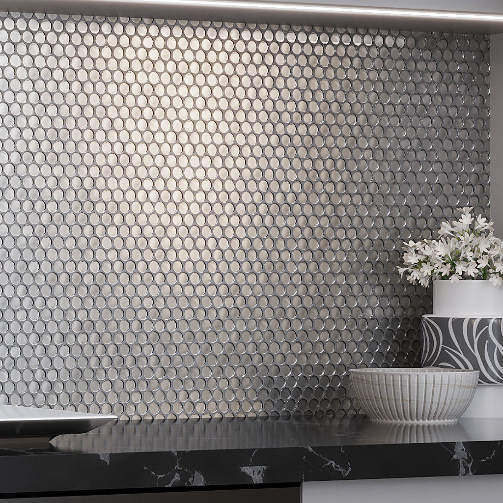 Silver 12x12 Penny Round Glossy Glass Mosaic Tile (10 pack, 10.34 sq ft/case)