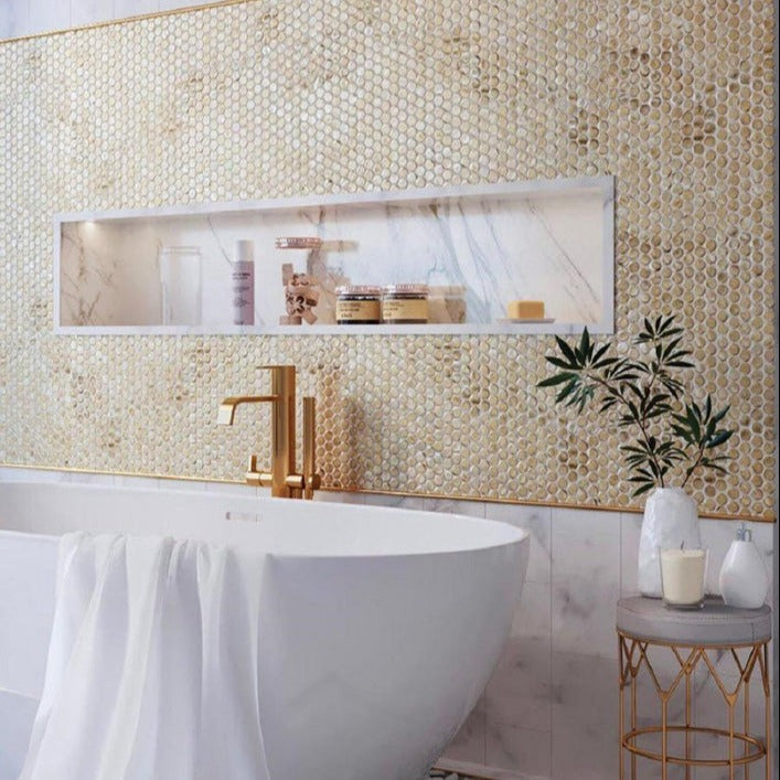 Gold 12x12 Glossy Penny Round Glass Mosaic Tile (10 pack, 10.34 sq ft/case)