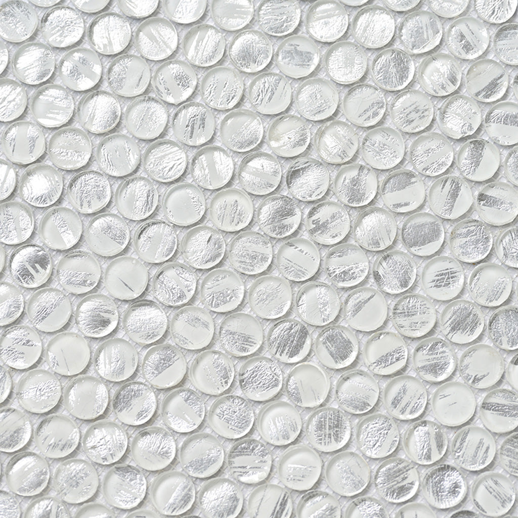 Silver 12x12 Glossy Penny Round Glass Mosaic Tile (10 pack, 10.34 sq ft/case) - Sample