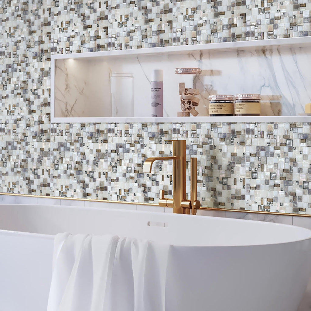 White Beige 12x12 Glossy Square Glass Mosaic Tile (10 pack, 10.85 sq ft/case)