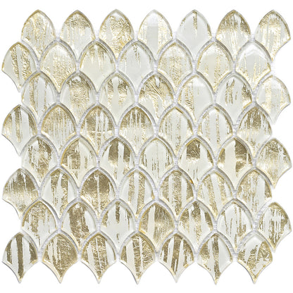 Gold White 11x11 Glossy Fan Fish Scale Glass Mosaic Tile (10 pack, 8.48 sq ft/case)