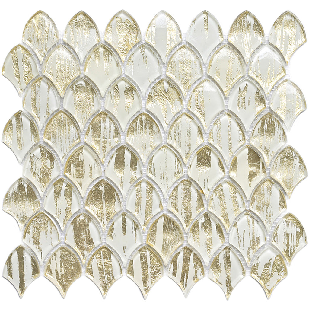Gold White 11x11 Glossy Fan Fish Scale Glass Mosaic Tile (10 pack, 8.48 sq ft/case) - Sample