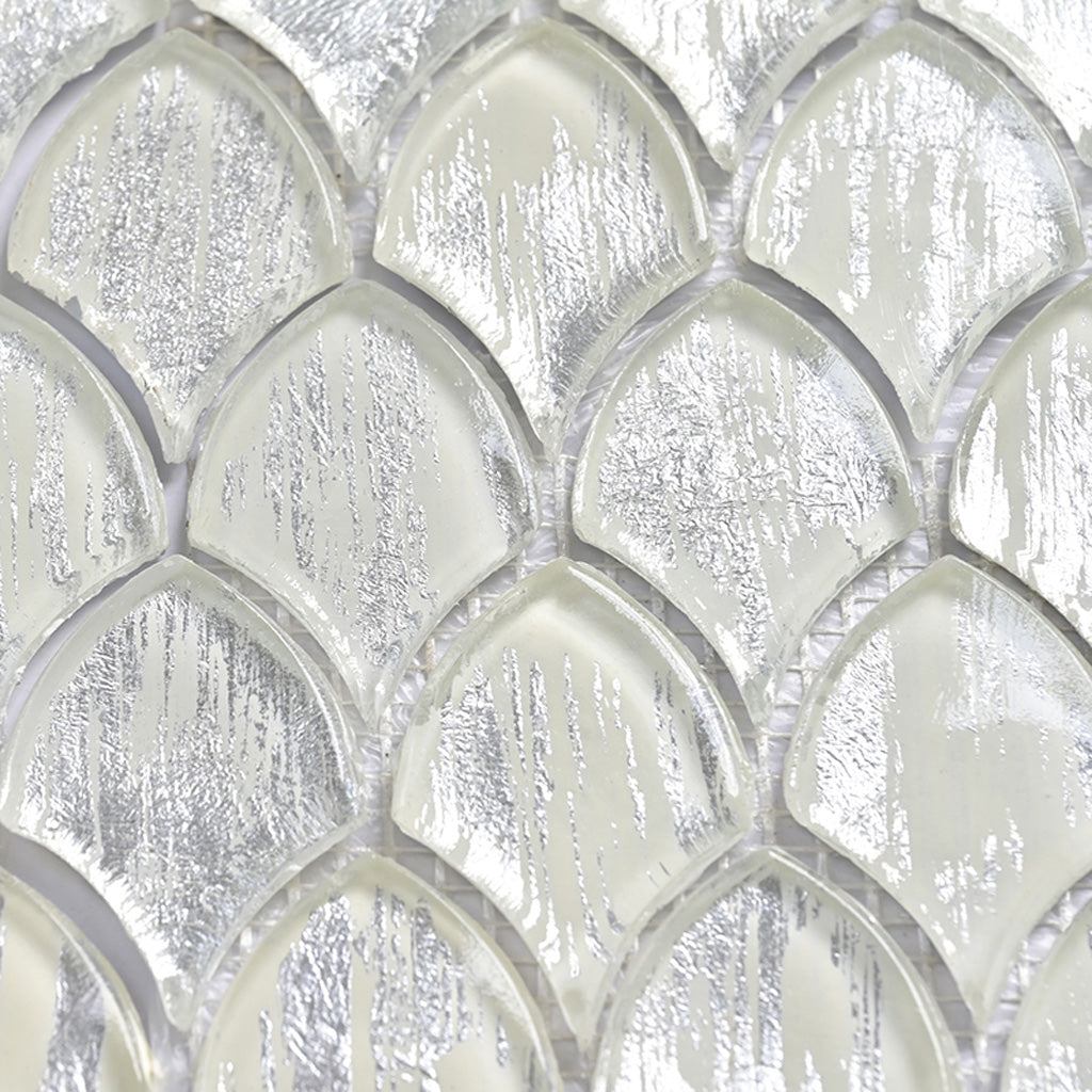 Silver 11x11 Glossy Fan Fish Scale Glass Mosaic Tile (10 pack, 8.48 sq ft/case) - Sample