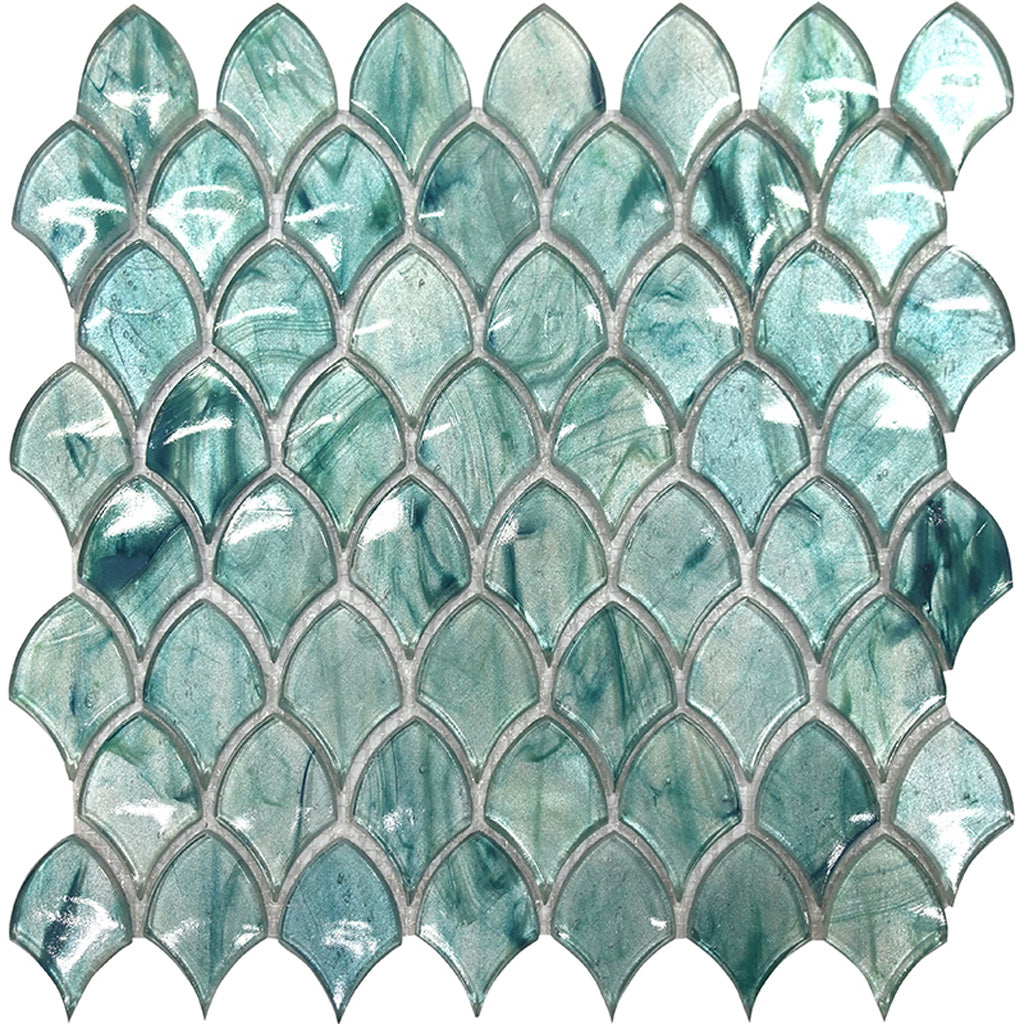 Sea Blue 11x11 Glossy Fan Fish Scale Glass Mosaic Tile (10 pack, 8.48 sq ft/case) - Sample