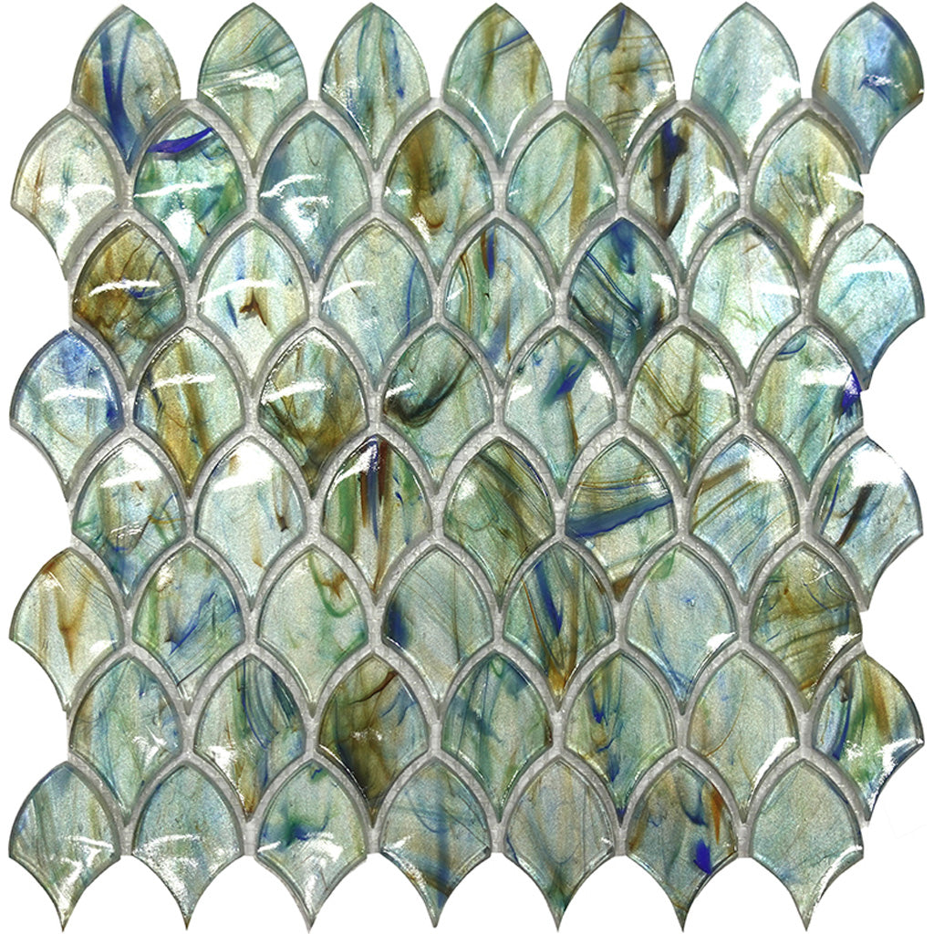 Blue Silver 11x11 Glossy Fan Fish Scale Glass Mosaic Tile (10 pack, 8.48 sq ft/case)