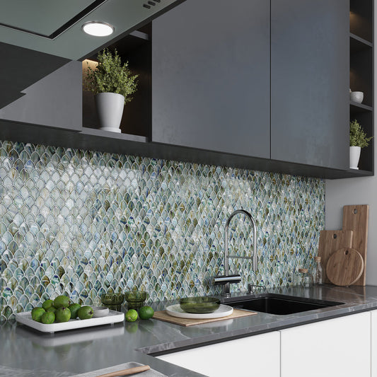 Blue Silver 11x11 Glossy Fan Fish Scale Glass Mosaic Tile (10 pack, 8.48 sq ft/case) - Sample