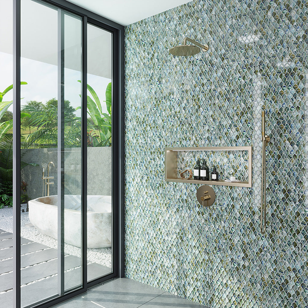 Blue Silver 11x11 Glossy Fan Fish Scale Glass Mosaic Tile (10 pack, 8.48 sq ft/case)