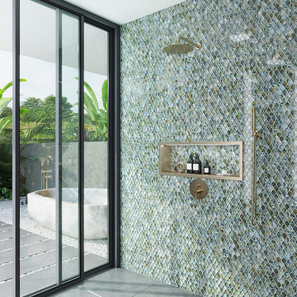 Blue Silver 11x11 Glossy Fan Fish Scale Glass Mosaic Tile (10 pack, 8.48 sq ft/case)