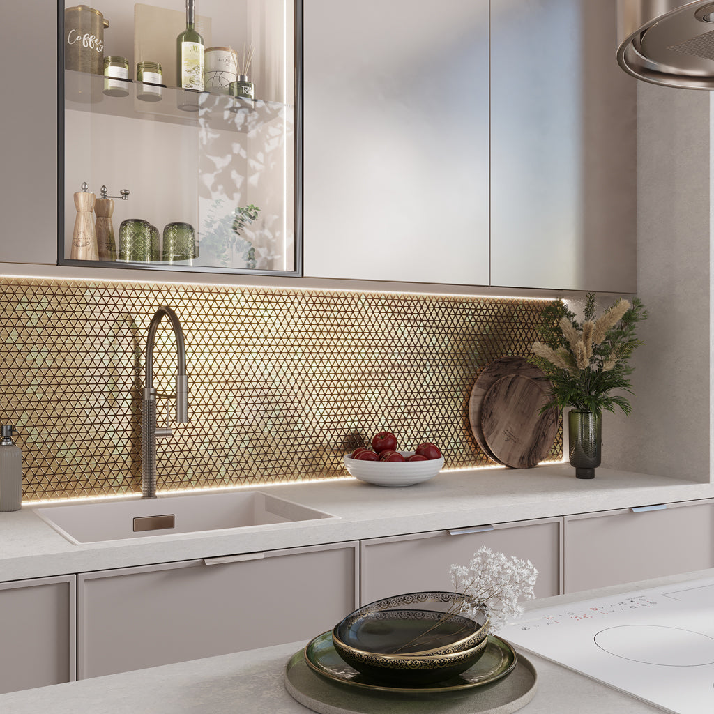 Shimmer Gold 12x12 Glossy Uniform Triangle Glass Mosaic Tile (10 pack, 10.34 sq ft/case)