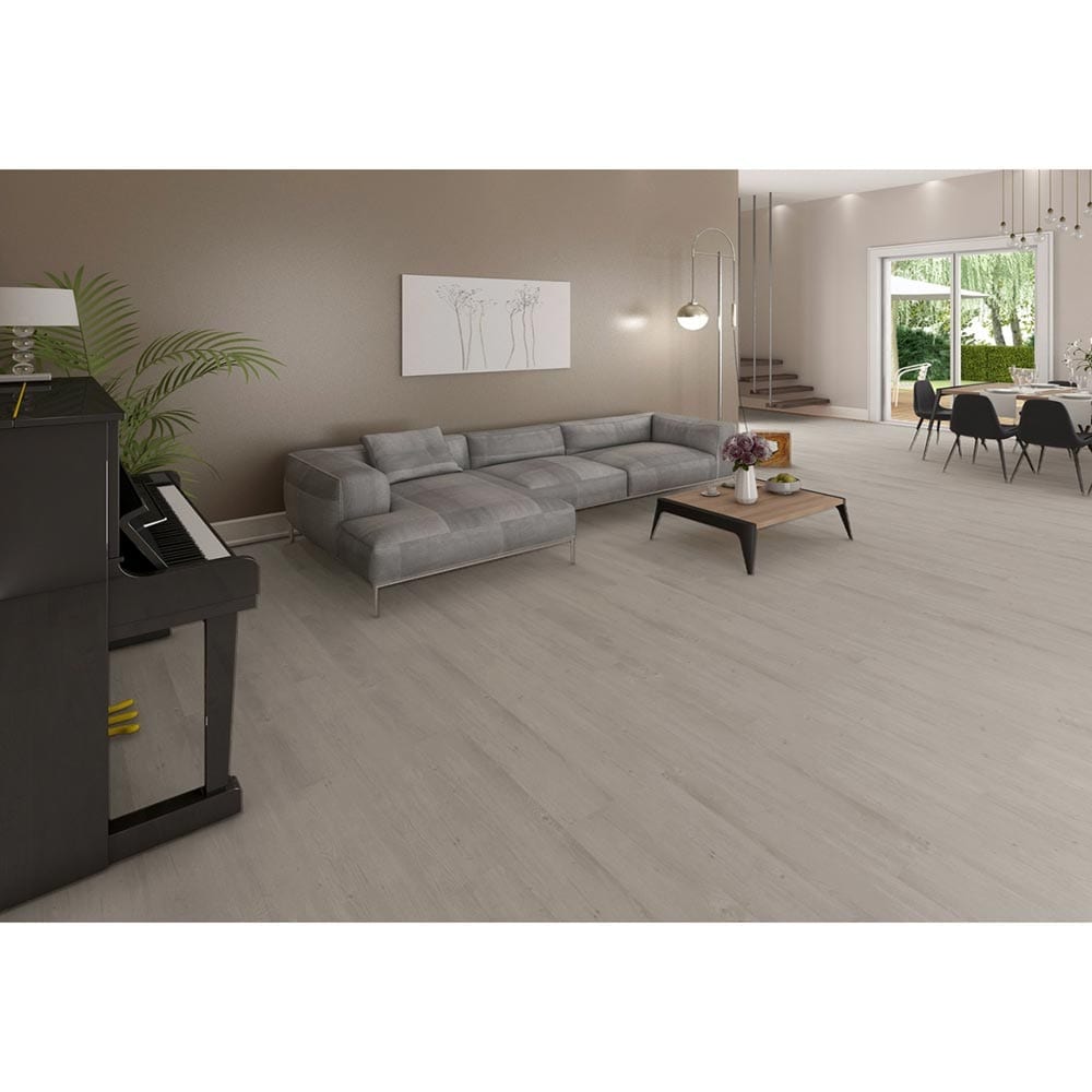 Aero rigid core luxury vinyl plank flooring 7x48 SPC42130748-22M installed on a living room floor where there is L shaped couch and a piano