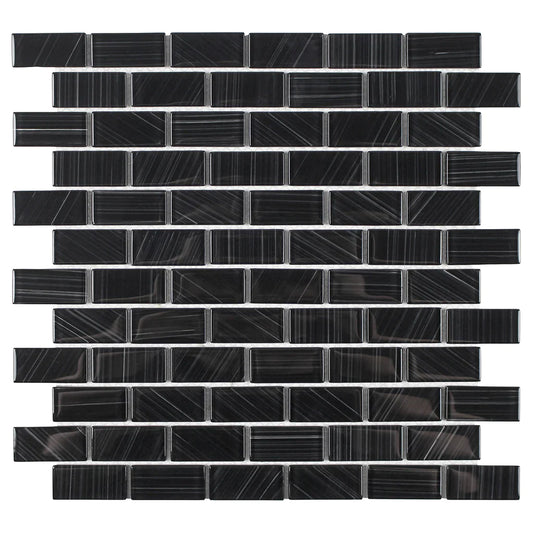 Aquatica Black 1"x2" Glass Mosaic Tile 12"x12" - Striped Collection