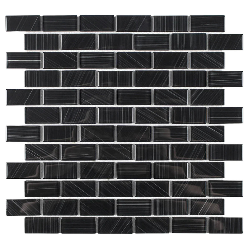 Aquatica Black 1"x2" Glass Mosaic Tile 12"x12" - Striped Collection