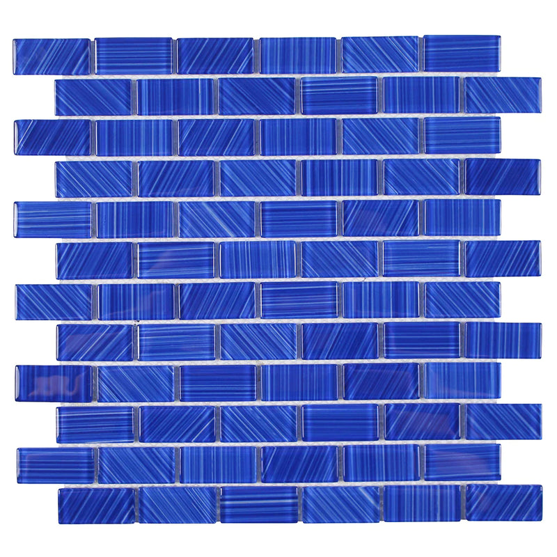 Aquatica Cobalt 1"x2" Glass Mosaic Tile 12"x12" - Striped Collection