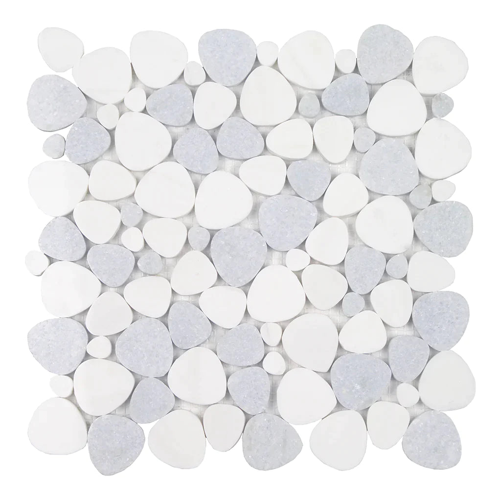 Aquatica Italian White Blue Celeste Sliced Marble Pebble Mosaic 11.75"x12" - Ocean Stones Sliced Collection