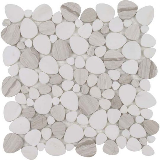 Aquatica Light Wood Grain Italian White Sliced Marble Pebble Mosaic 11.75"x12" - Ocean Stones Sliced Collection