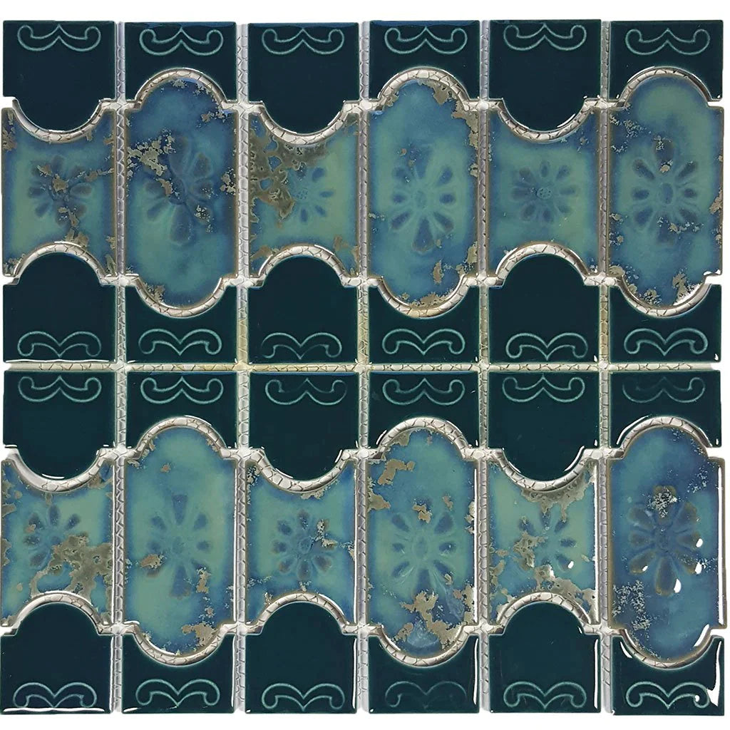 Aquatica Teal Green Porcelain Mosaic Tile 12"x12.5" - Botanical Collection