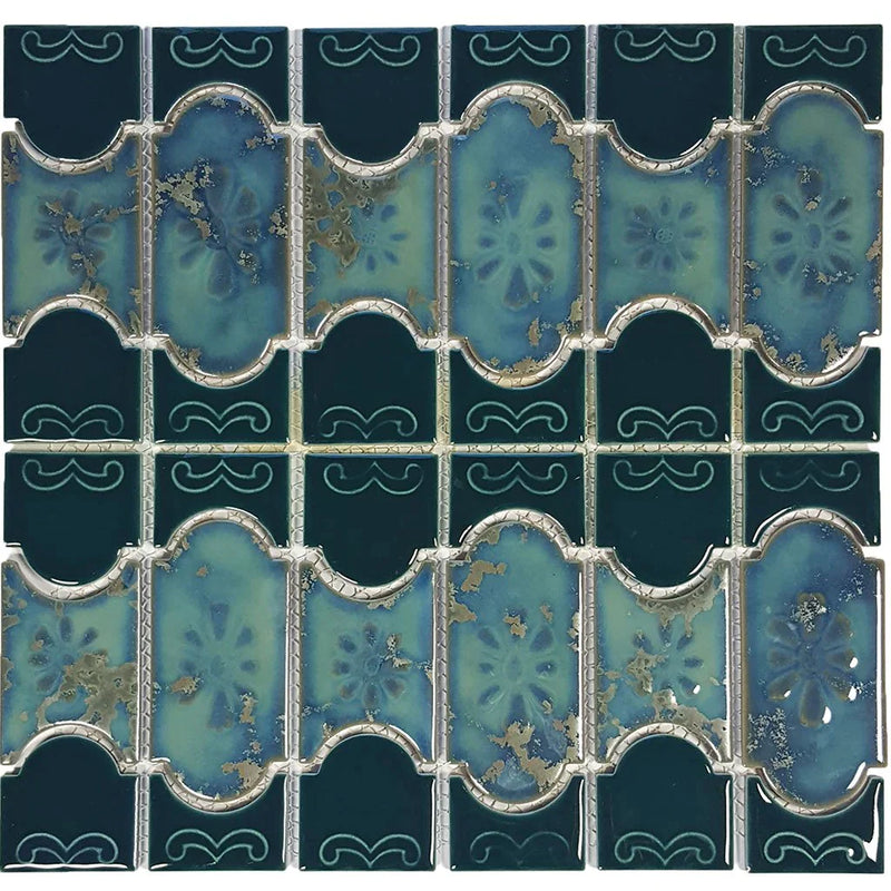 Aquatica Teal Green Porcelain Mosaic Tile 12"x12.5" - Botanical Collection