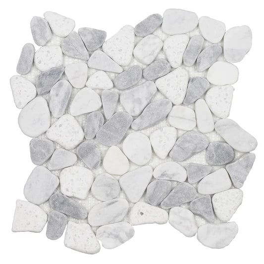 Aquatica Terrazzo Carrara Bardiglio Sliced Pebble Mosaic 12"x12" - Ocean Stones Sliced Collection