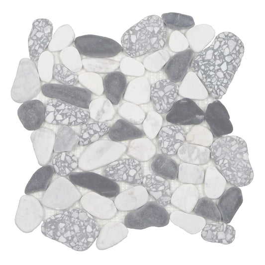 Aquatica Terrazzo Carrara Nero Smoke Sliced Pebble Mosaic 12"x12" - Ocean Stones Sliced Collection