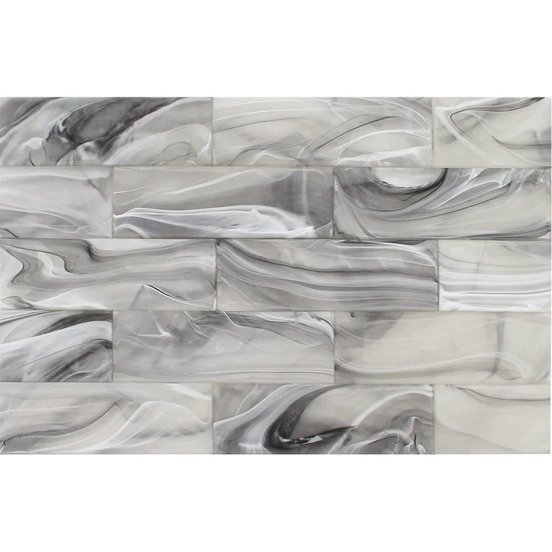 Aquatica Thunder Glass White on Black Glass Tile 3"x9" - Clouds Collection