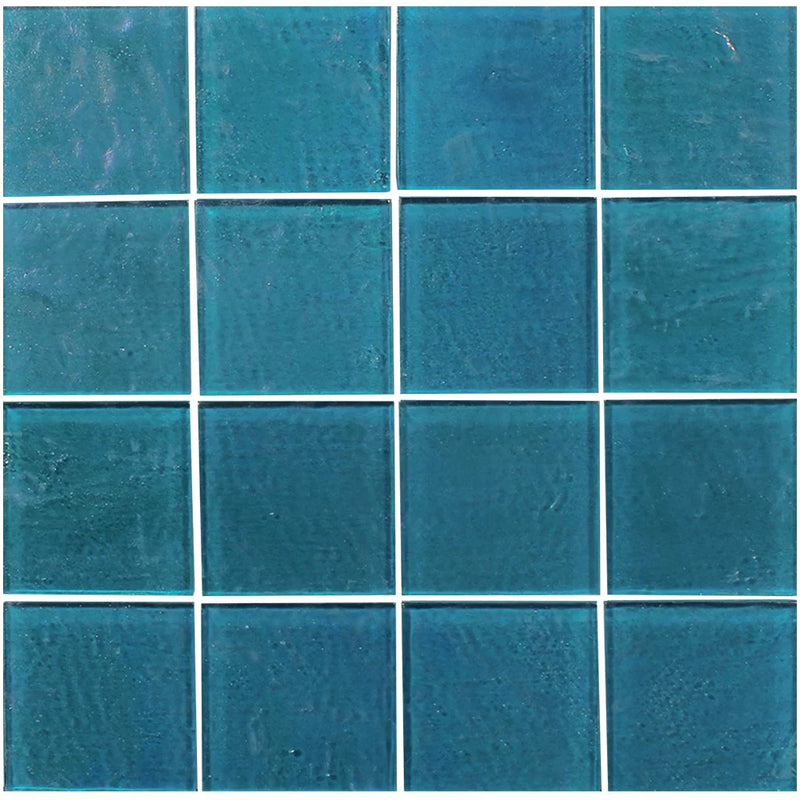 Aquatica Turquoise Textured 3"x3" Glass Mosaic Tile 12"x12" - Piazza Collection