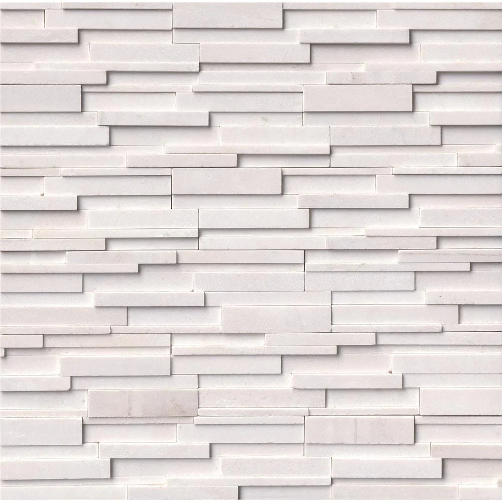 Arctic white 3D ledger panel 6X24 honed marble wall tile LPNLMARCWHI624 3DH product shot multiple tiles top view