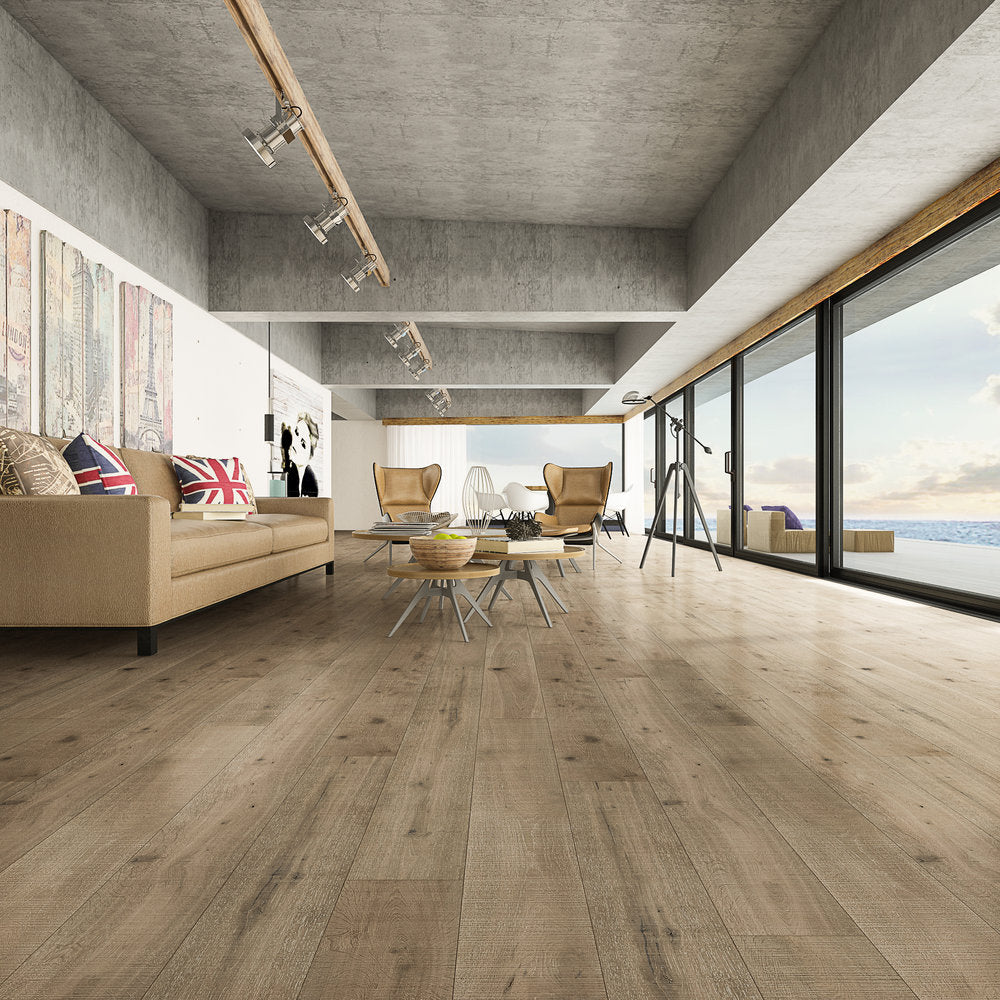 Audere Wirebrushed Engineered Hardwood 9x0.625 inch Native Birch TRPEH-AEONB room scene furniture window product view