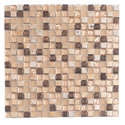 Beige Brown 12x12 Glossy Foiled Square Glass Resin Stone Mosaic Tile (5 pack, 4.75 sq ft/case) - Sample