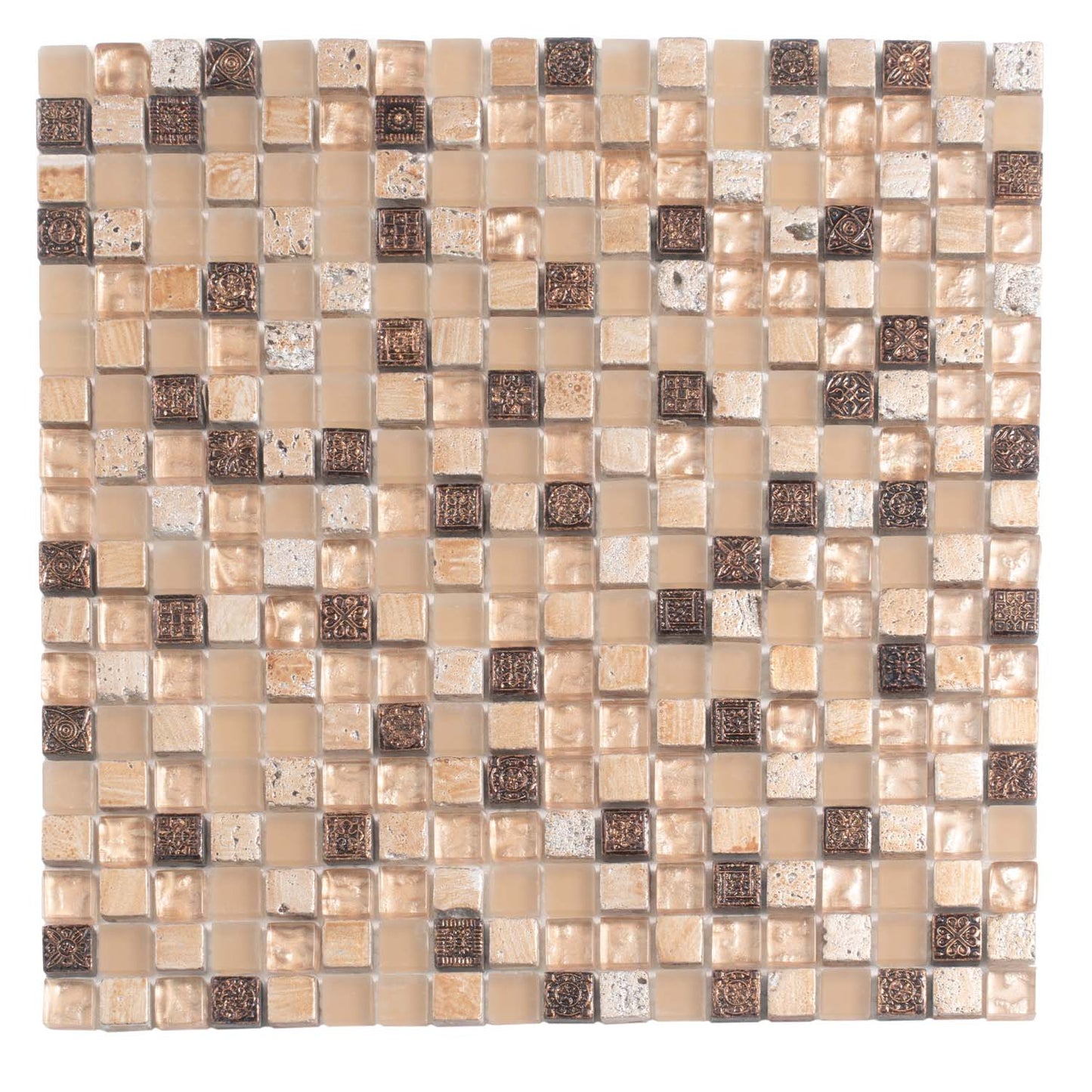 Beige Brown 12x12 Glossy Foiled Square Glass Resin Stone Mosaic Tile (5 pack, 4.75 sq ft/case)