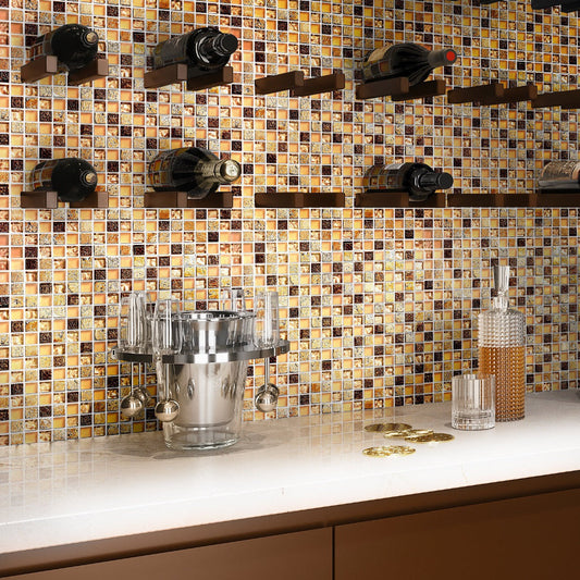 Beige Brown 12x12 Glossy Foiled Square Glass Resin Stone Mosaic Tile (5 pack, 4.75 sq ft/case)