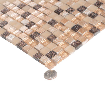 Beige Brown 12x12 Glossy Foiled Square Glass Resin Stone Mosaic Tile (5 pack, 4.75 sq ft/case)