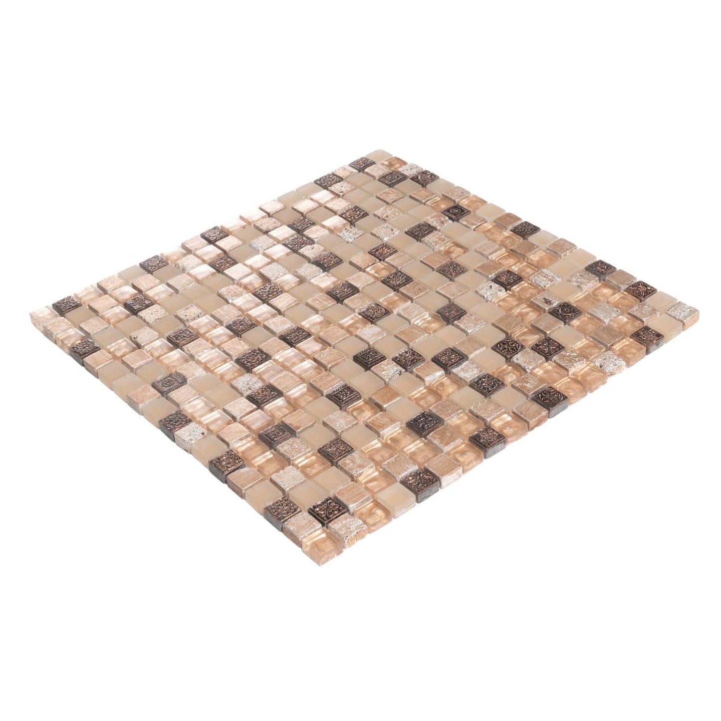 Beige Brown 12x12 Glossy Foiled Square Glass Resin Stone Mosaic Tile (5 pack, 4.75 sq ft/case)