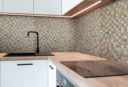 Beige Gray 12x12 Polished Square Glass Resin Stone Mosaic Tile (5 pack, 4.75 sq ft/case)