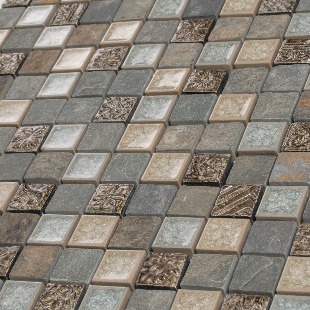 Beige Gray 12x12 Polished Square Glass Resin Stone Mosaic Tile (5 pack, 4.75 sq ft/case)