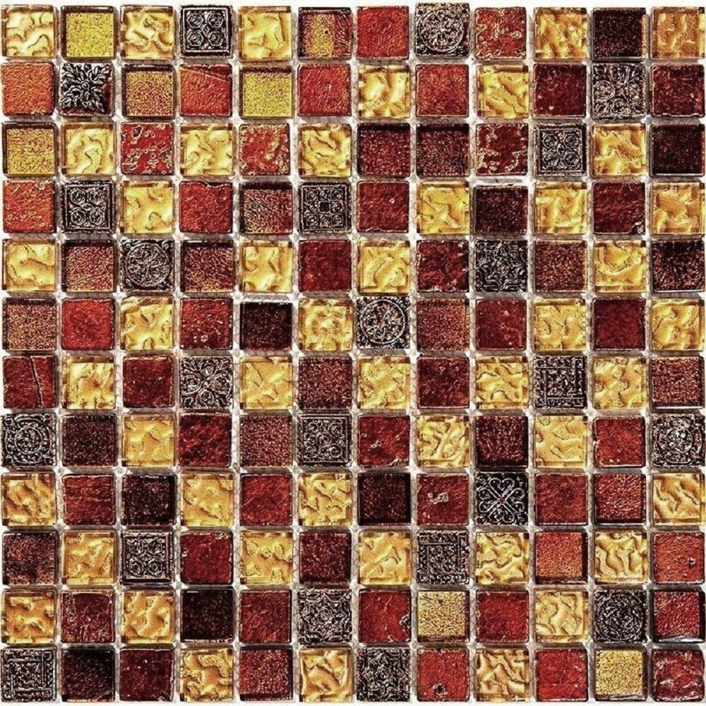 Gold Red 12x12 Glossy Foiled Square Glass Resin Stone Mosaic Tile (5 pack, 4.75 sq ft/case) - Sample