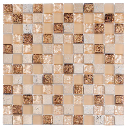 Beige 12x12 Glossy Foiled Square Glass Resin Stone Mosaic Tile (5 pack, 4.75 sq ft/case)