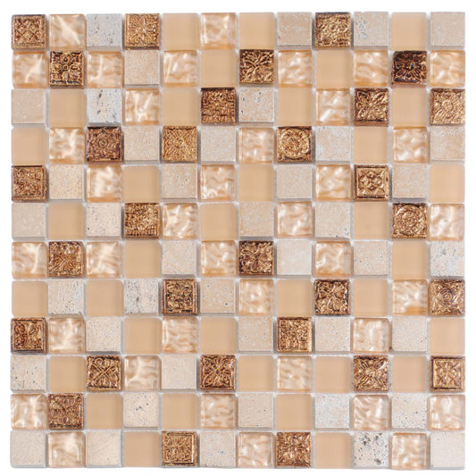 Beige 12x12 Glossy Foiled Square Glass Resin Stone Mosaic Tile (5 pack, 4.75 sq ft/case)