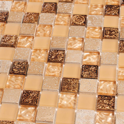 Beige 12x12 Glossy Foiled Square Glass Resin Stone Mosaic Tile (5 pack, 4.75 sq ft/case)