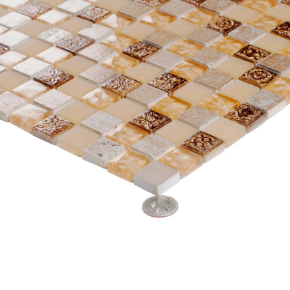 Beige 12x12 Glossy Foiled Square Glass Resin Stone Mosaic Tile (5 pack, 4.75 sq ft/case)