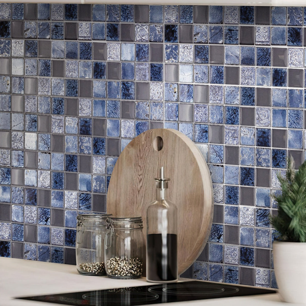 Gray Blue 12x12 Glossy Foiled Square Glass Resin Stone Mosaic Tile (5 pack, 4.75 sq ft/case) - Sample