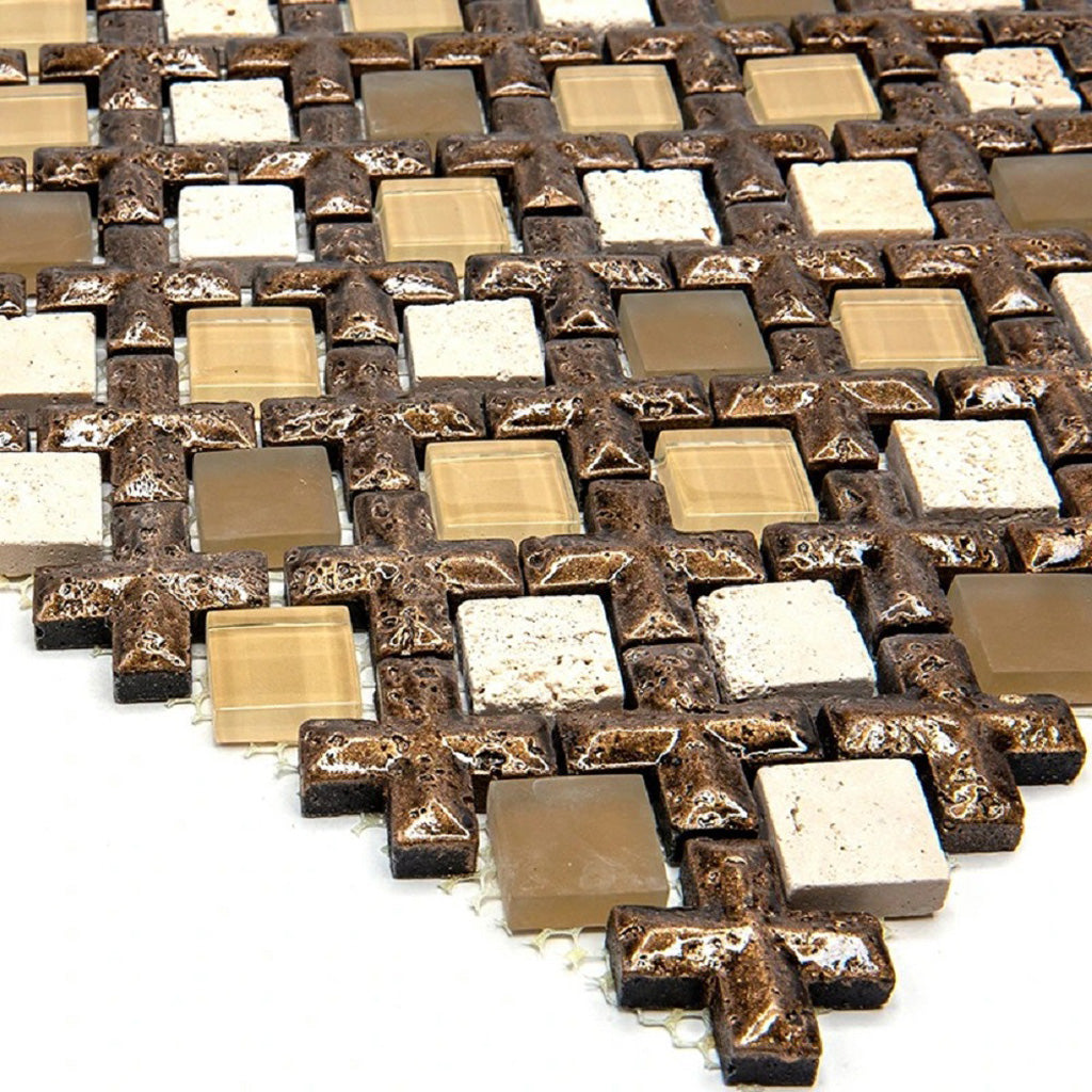 Brown 11x11 Polished Matte Textured Square Glass Resin Stone Mosaic Tile (5 pack, 4.2 sq ft/case)