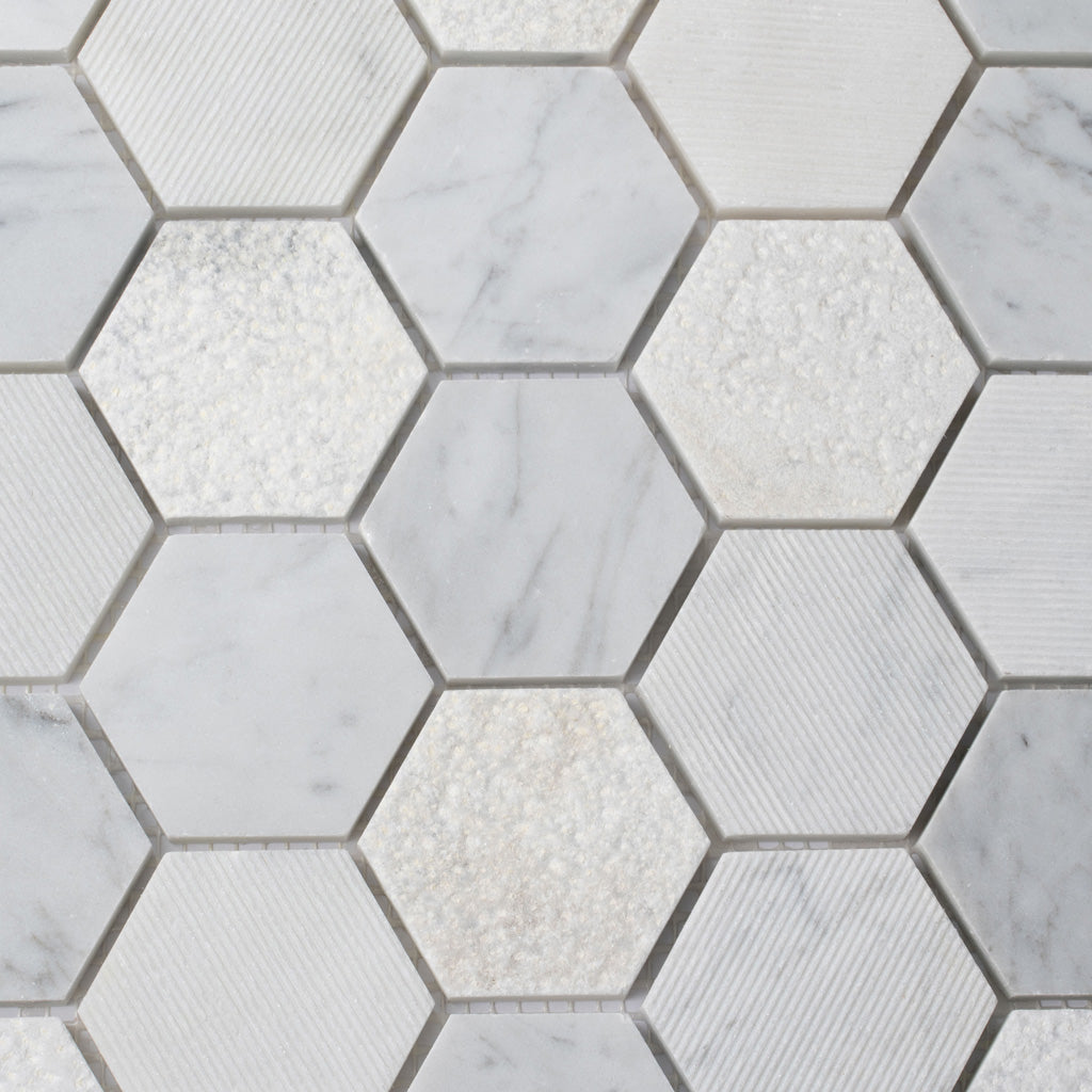 White 12x12 Polished Etched Hexagon Bianco Carrara Marble Mosaic Tile (5 pack, 4.92 sq ft/case)