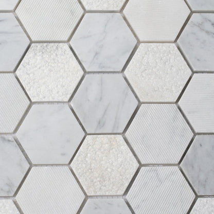 White 12x12 Polished Etched Hexagon Bianco Carrara Marble Mosaic Tile (5 pack, 4.92 sq ft/case)