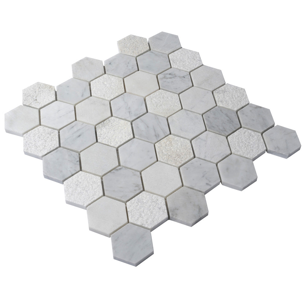 White 12x12 Polished Etched Hexagon Bianco Carrara Marble Mosaic Tile (5 pack, 4.92 sq ft/case)
