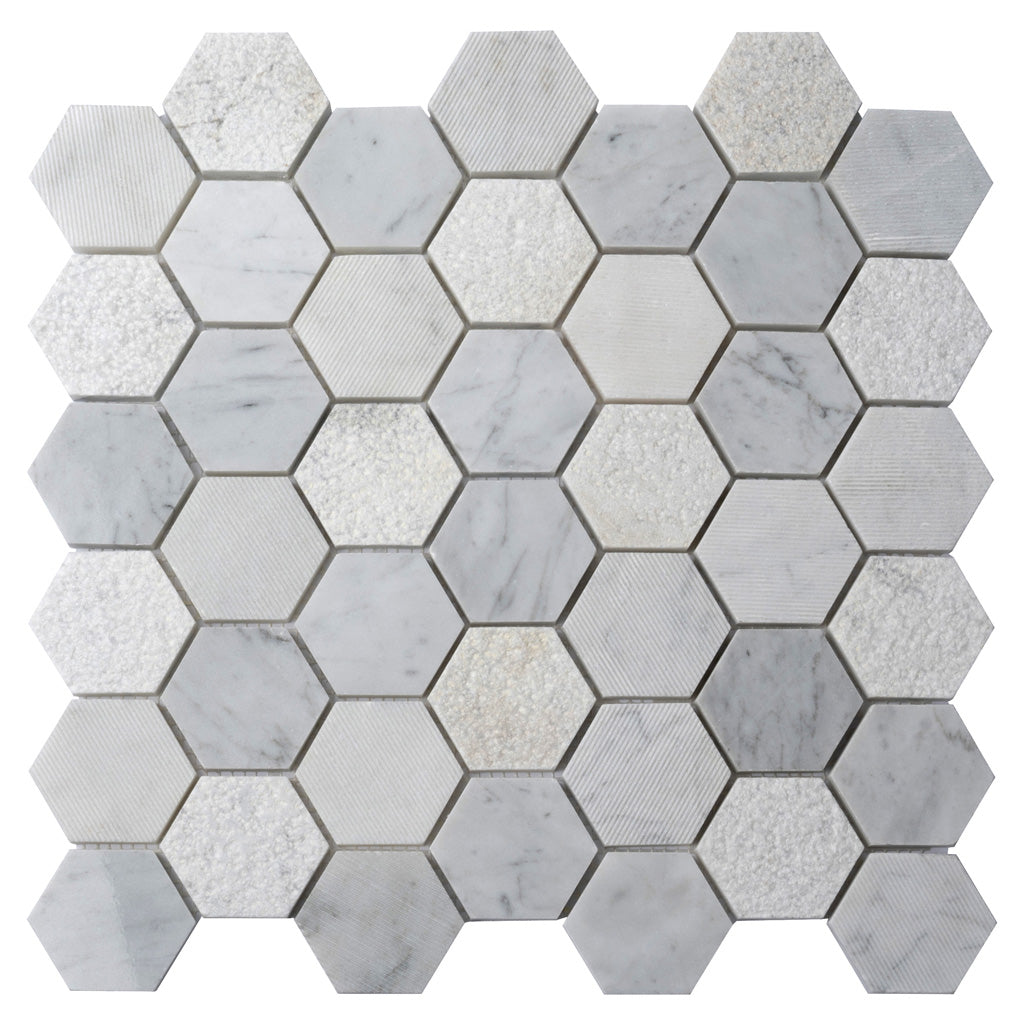 White 12x12 Polished Etched Hexagon Bianco Carrara Marble Mosaic Tile (5 pack, 4.92 sq ft/case)